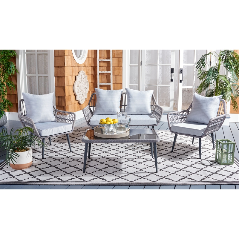 Pemberly Row Coastal Wood and Metal 4-Piece Living Set in Gray