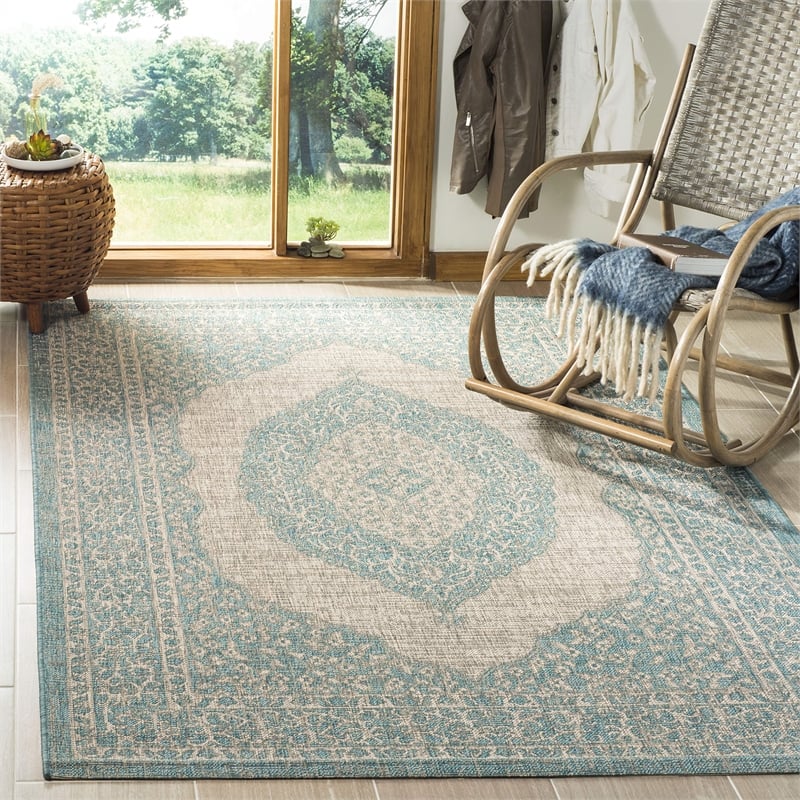 Pemberly Row 9' x 12' Large Indoor Area Rug in Light Gray and Aqua