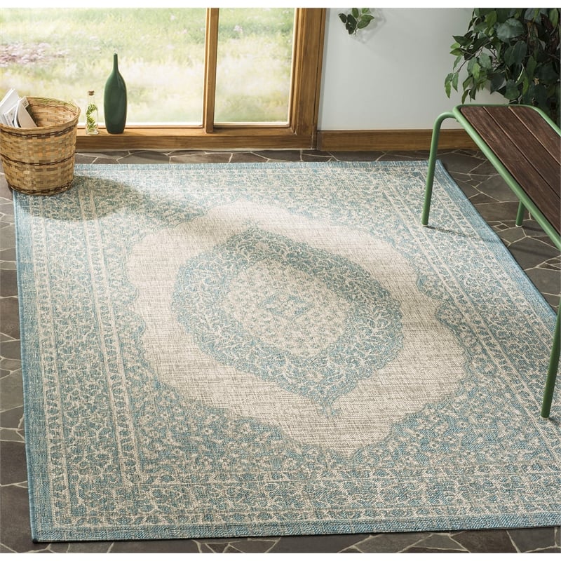 Pemberly Row 9' x 12' Large Indoor Area Rug in Light Gray and Aqua