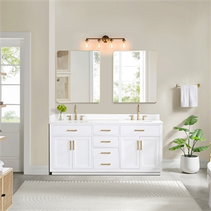 Pemberly Row 72&quot Vanity-White with Grain White Composite Stone Top (No Mirror)
