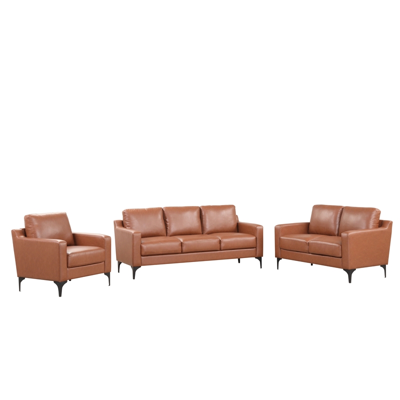 Pemberly Row Stationary Sofa in Brown Faux Leather Upholstery