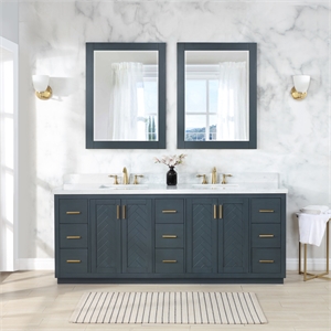 Pemberly Row 84&quot Vanity in Charcoal Blue with Composite Stone Top with Mirror
