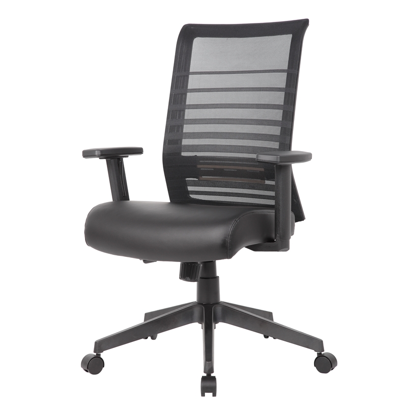 Pemberly Row Mesh Back Vinyl Task Chair with Adjustable Arm in Black