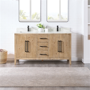 Pemberly Row 60&quot Wood Vanity in Fir Calacatta White Quartz Top (No Mirror)