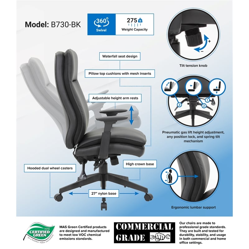 Pemberly Row Contemporary High Back Vinyl Executive Chair in Black