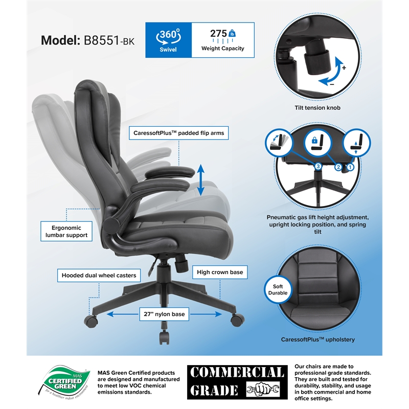 Pemberly Row High Back Flip Arm Vinyl Executive Chair in Black