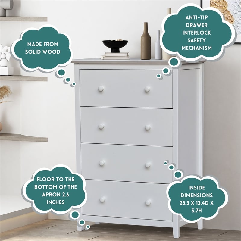 Pemberly Row Solid Wood Bedroom Dresser/Chest with 4 Drawers in White