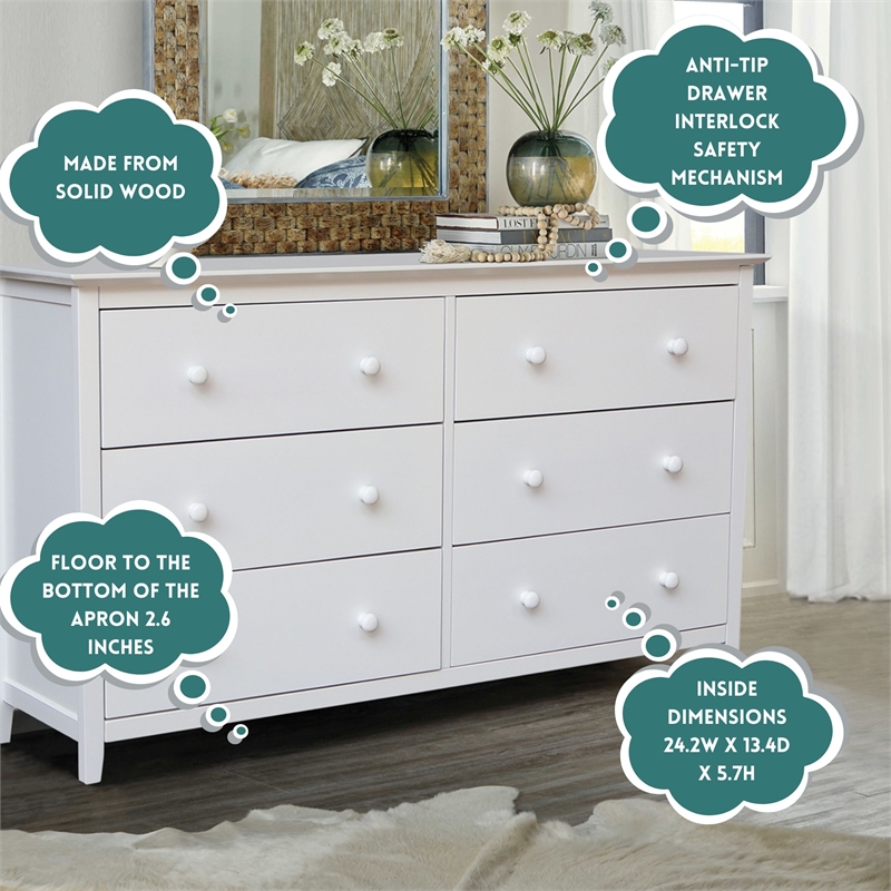 Pemberly Row Solid Wood Bedroom Dresser with 6 Drawers in White