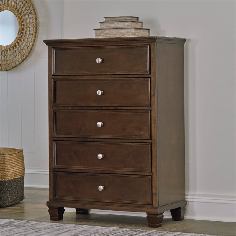 Pemberly Row Solid Wood 5-Drawers Bedroom Chest in Brownish Cherry