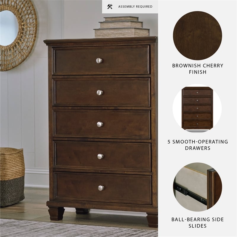 Pemberly Row Solid Wood 5-Drawers Bedroom Chest in Brownish Cherry