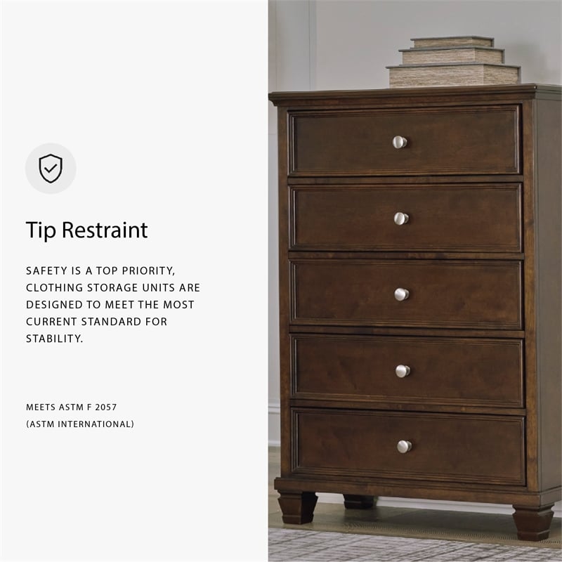 Pemberly Row Solid Wood 5-Drawers Bedroom Chest in Brownish Cherry
