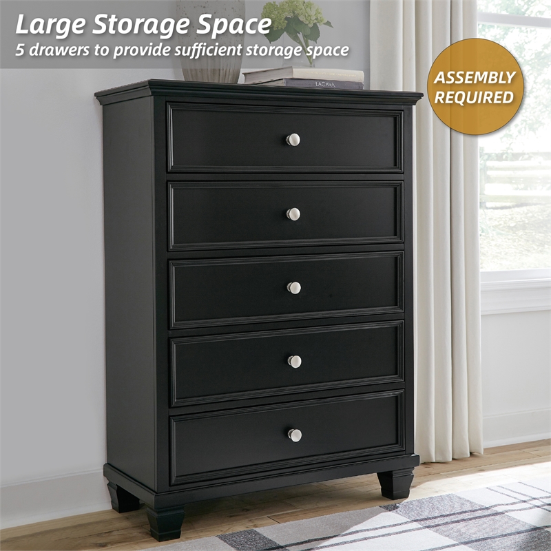 Pemberly Row Contemporary Solid Wood 5-Drawers Bedroom Chest in Black
