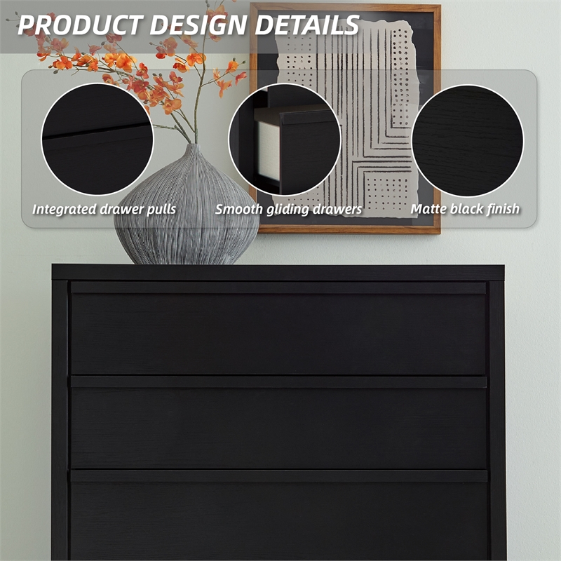 Pemberly Row Engineered Wood Contemporary Black Wide Chest of Drawers