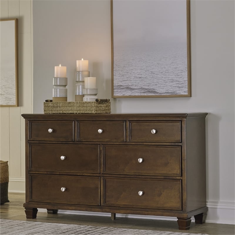 Pemberly Row Solid Wood 7-Drawer Bedroom Dresser in Brownish Cherry