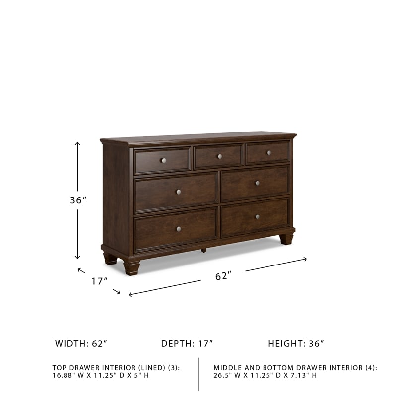 Pemberly Row Solid Wood 7-Drawer Bedroom Dresser in Brownish Cherry