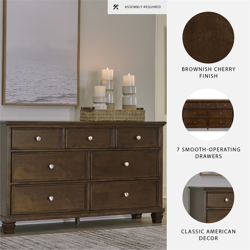 Pemberly Row Solid Wood 7-Drawer Bedroom Dresser in Brownish Cherry