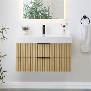 Pemberly Row 36&quot Wall-mounted Vanity in Nature Brown Artificial Sink (No Mirror)