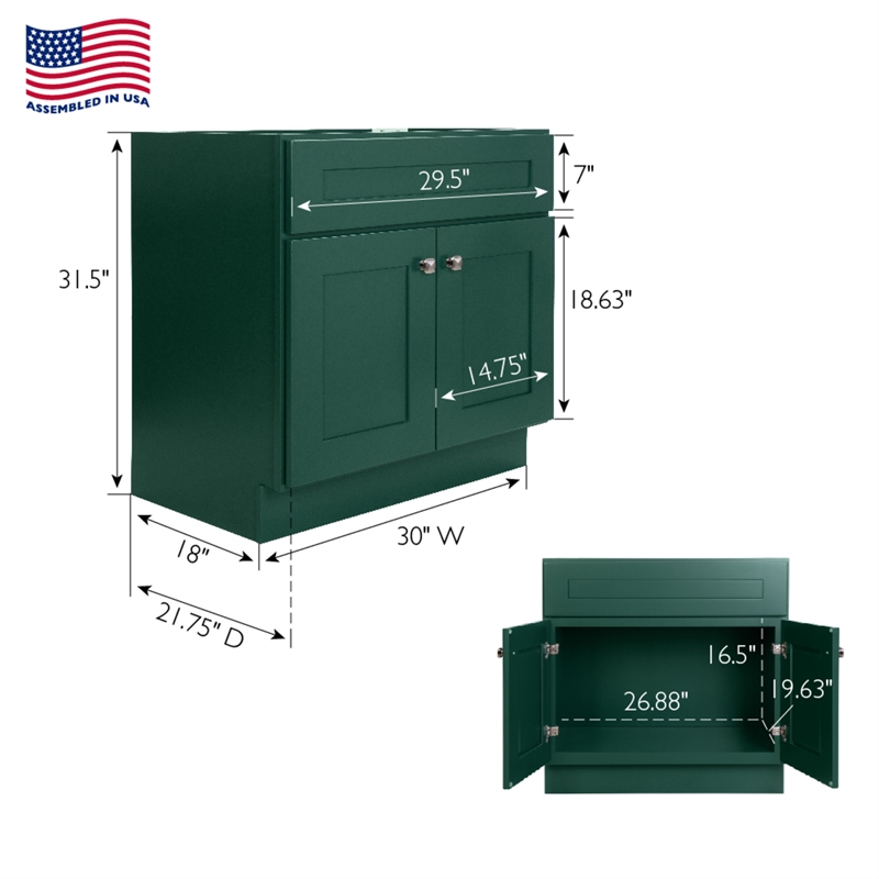Pemberly Row Wood Vanity Without Top in Green Hunt Club Fully Assembled 30