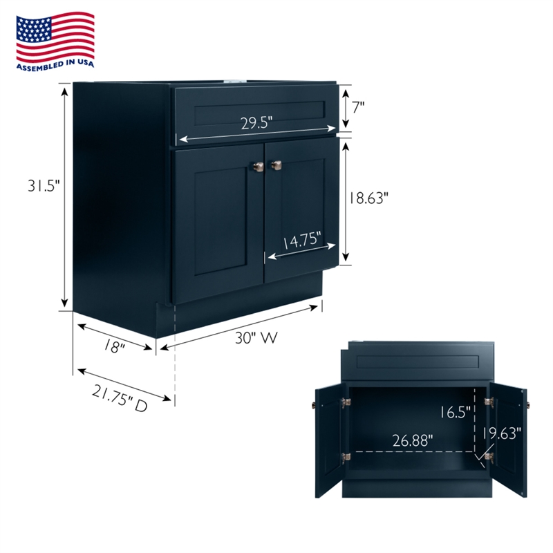 Pemberly Row Wood Vanity Without Top in Navy Fully Assembled 30