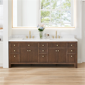 Pemberly Row 84&quot Wood Vanity in Brown Brushed Oak Stone Top (No Mirror)