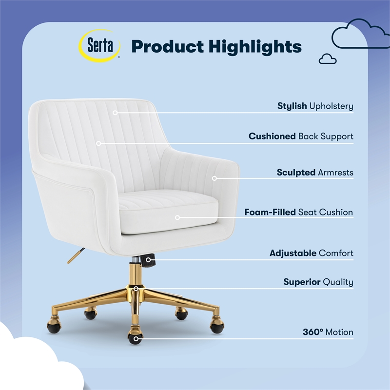 Pemberly Row Modern Office Chair Channel-Tufted Design White Velvet Fabric
