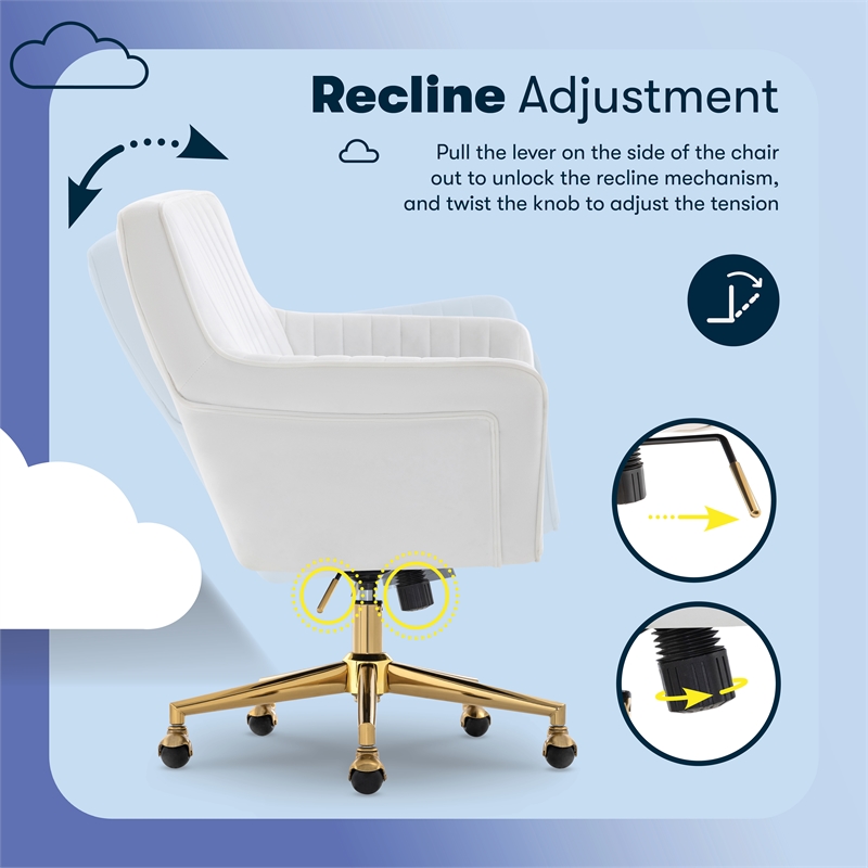Pemberly Row Modern Office Chair Channel-Tufted Design White Velvet Fabric