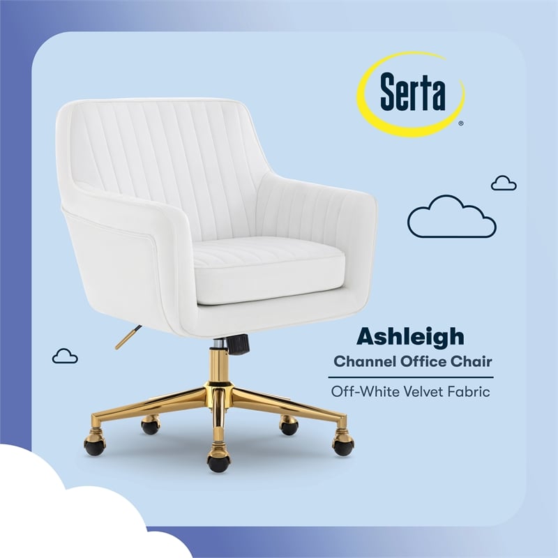 Pemberly Row Modern Office Chair Channel-Tufted Design White Velvet Fabric