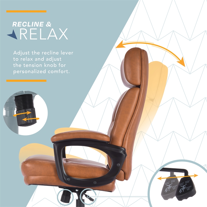 Pemberly Row Classic Big & Tall Executive Office Chair Bonded Leather in Cognac