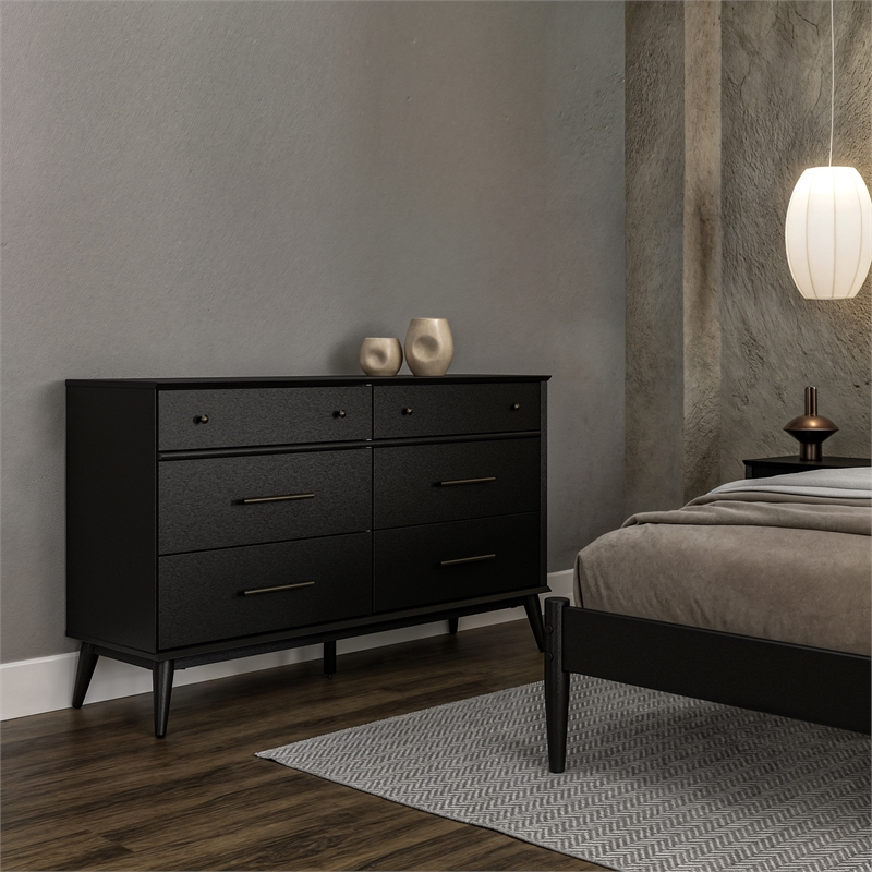 Pemberly Row Wooden Mid-Century Modern Dresser 6 Drawers in Black