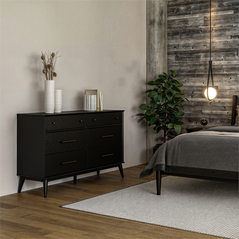 Pemberly Row Wooden Mid-Century Modern Dresser 6 Drawers in Black