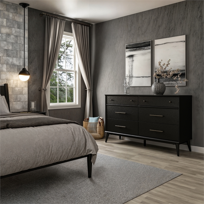 Pemberly Row Wooden Mid-Century Modern Dresser 6 Drawers in Black