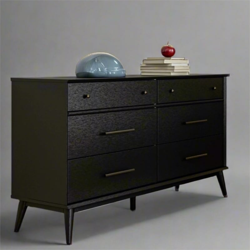 Pemberly Row Wooden Mid-Century Modern Dresser 6 Drawers in Black