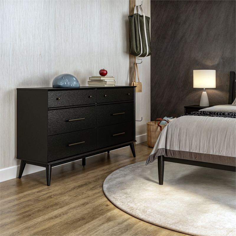 Pemberly Row Wooden Mid-Century Modern Dresser 6 Drawers in Black