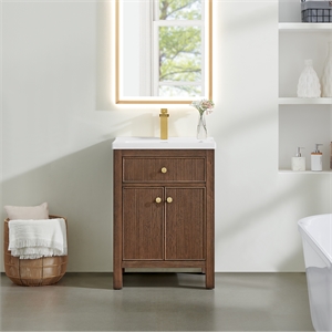 Pemberly Row 24&quot Wood Vanity in Brown Oak Ceramic Integrated Sink (No Mirror)