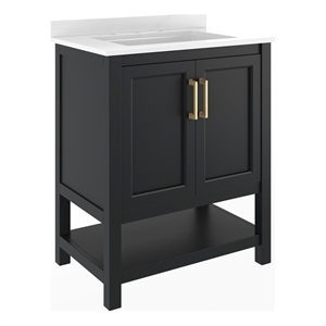Pemberly Row 30&quot Bathroom Vanity with Sink Open Storage & Gold Hardware in Black