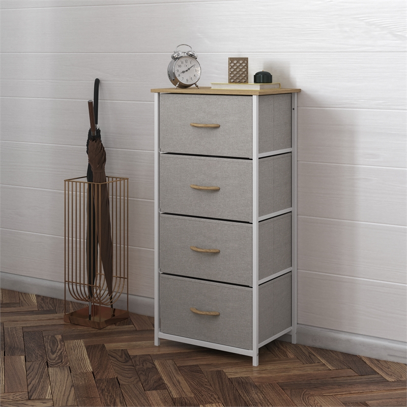 Pemberly Row 4 Drawer Dresser in Oak Wood Top/White Iron Frame/Beige Drawers