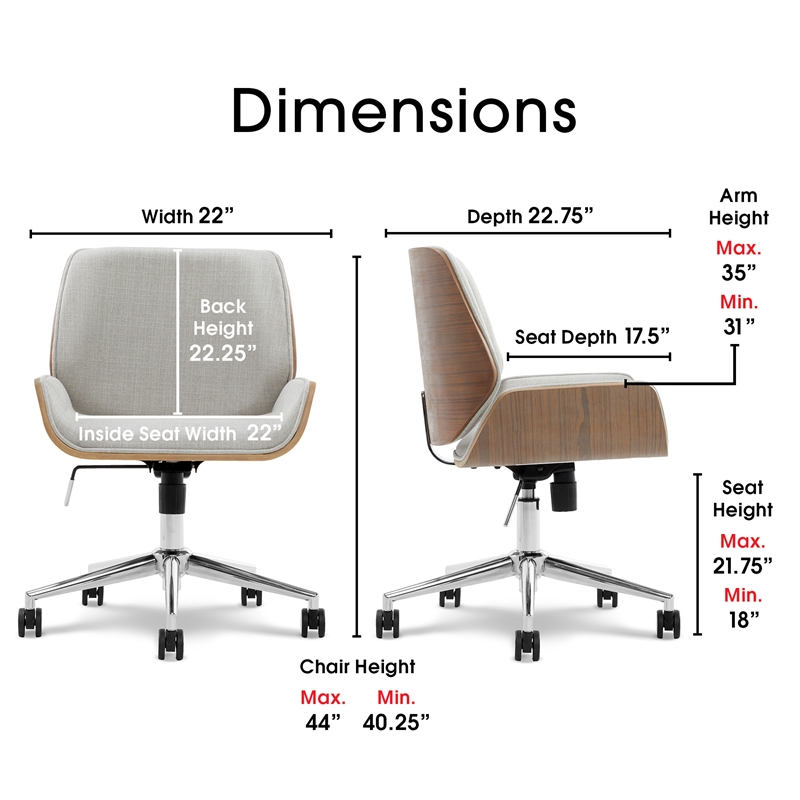Pemberly Row Home Office Desk Chair Modern Ergonomic Woven Fabric Gray