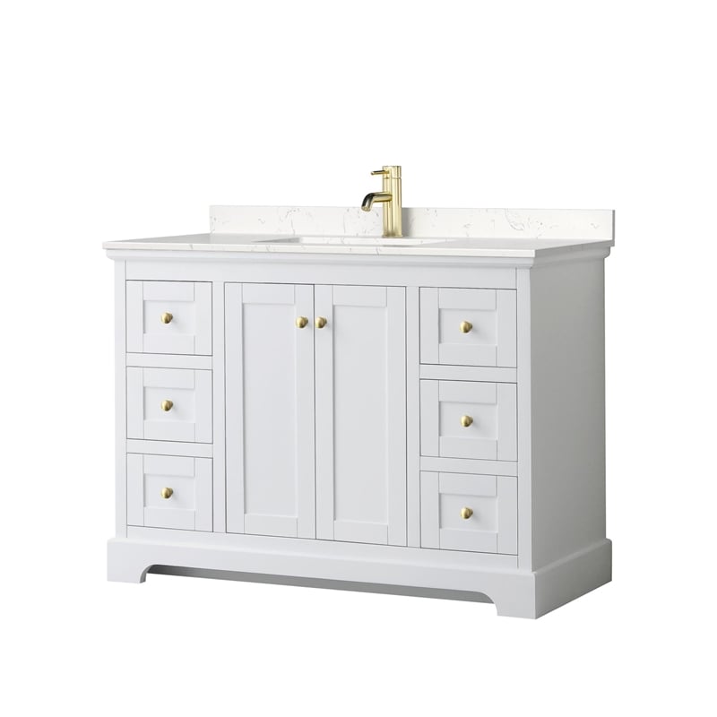 Pemberly Row Light Vein Wood Single Bathroom Vanity in White/Gold