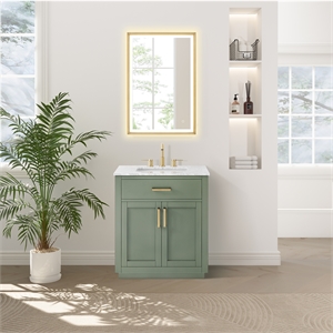 Pemberly Row 30&quot Wood Vanity Set in Green & White Marble Top (No Mirror)