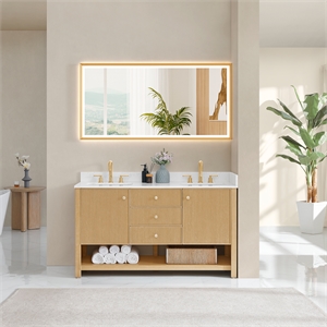 Pemberly Row 60&quot Wood Vanity in White Oak with White Stone Top (No Mirror)