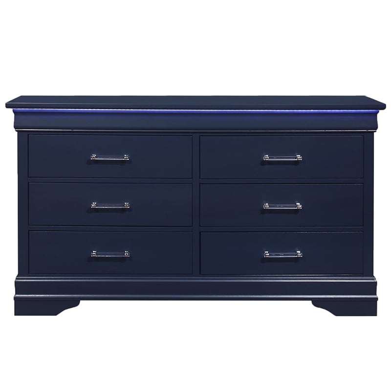 Pemberly Row Traditional Charlie Blue Wood 6-Drawer Dresser with LED