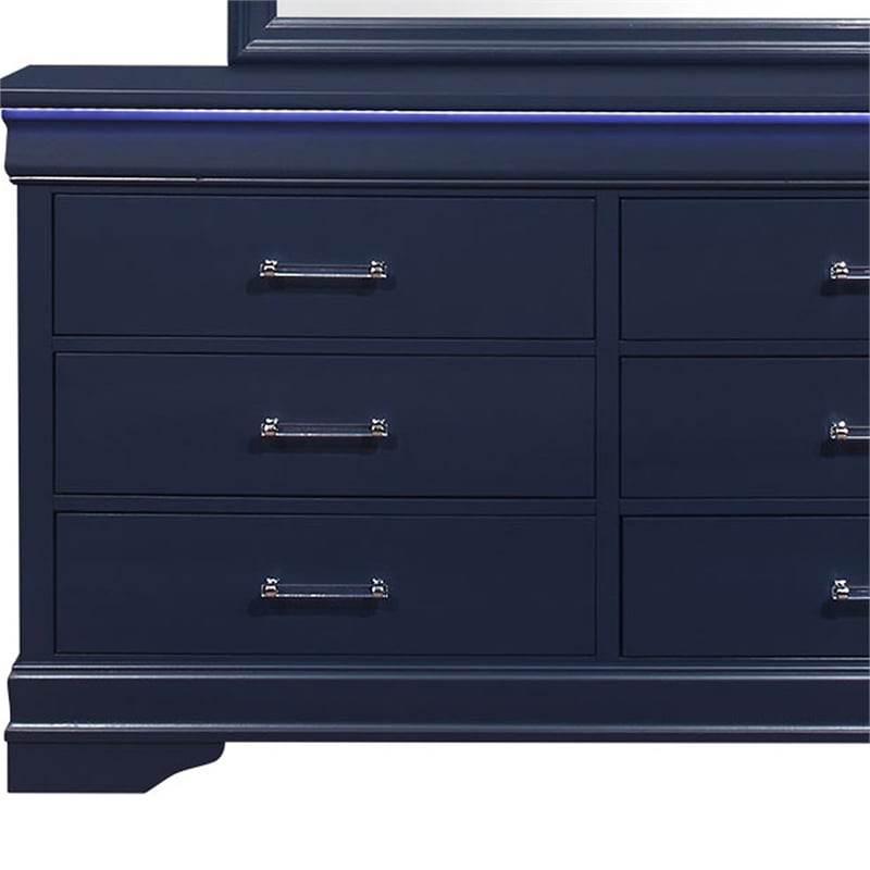 Pemberly Row Traditional Charlie Blue Wood 6-Drawer Dresser with LED
