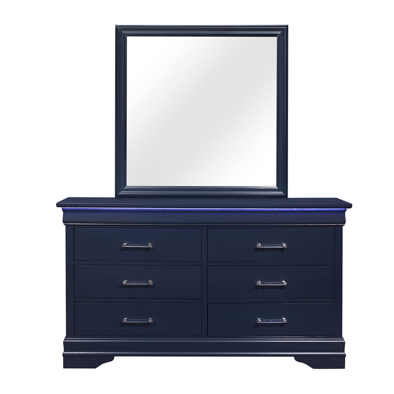 Pemberly Row Traditional Charlie Blue Wood 6-Drawer Dresser with LED