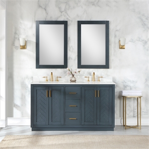 Pemberly Row 60&quot Double Bathroom Vanity Set in Charcoal Blue with Mirror