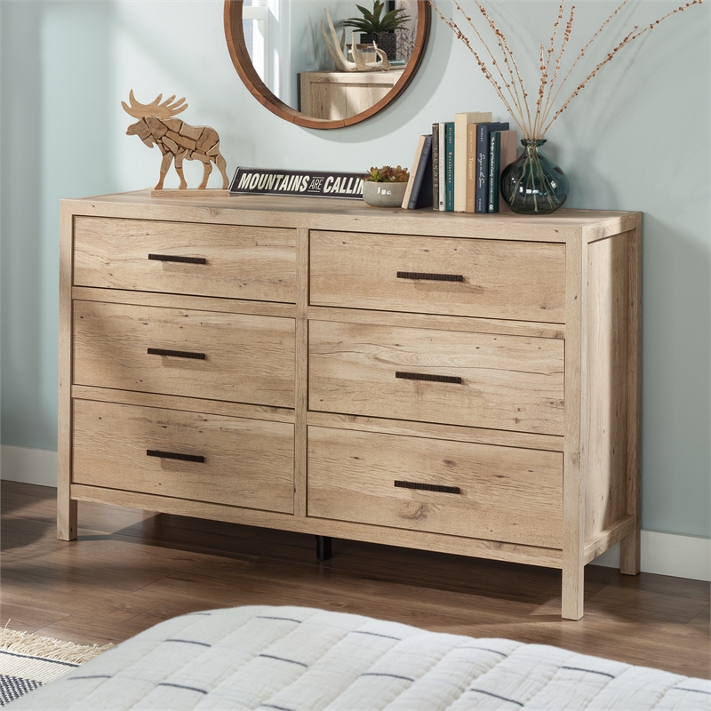 Pemberly Row Pacific View Engineered Wood Metal and Plastic Dresser in Prime Oak