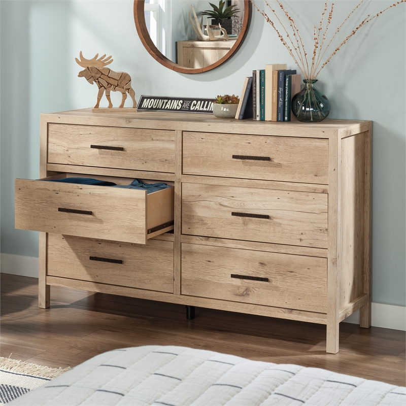 Pemberly Row Pacific View Engineered Wood Metal and Plastic Dresser in Prime Oak