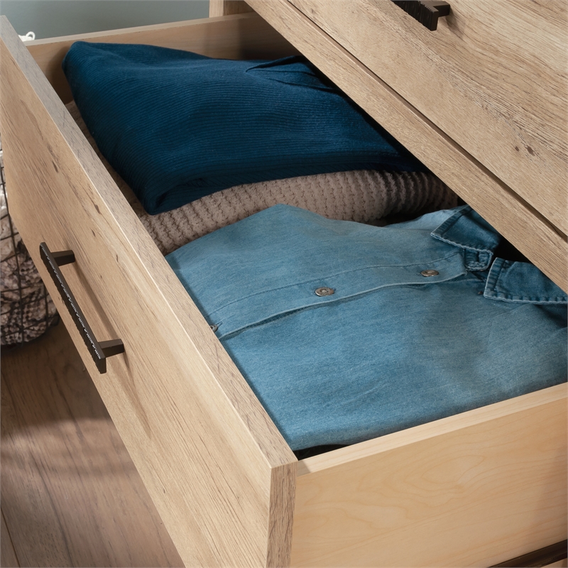 Pemberly Row Pacific View Engineered Wood Metal and Plastic Dresser in Prime Oak