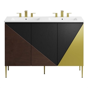 Pemberly Row 48&quot Double Sink Modern Wood Bathroom Vanity in White and Black