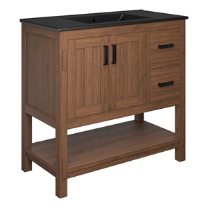 Pemberly Row 36&quot Wood Bathroom Vanity with Open Shelf in Walnut and Black