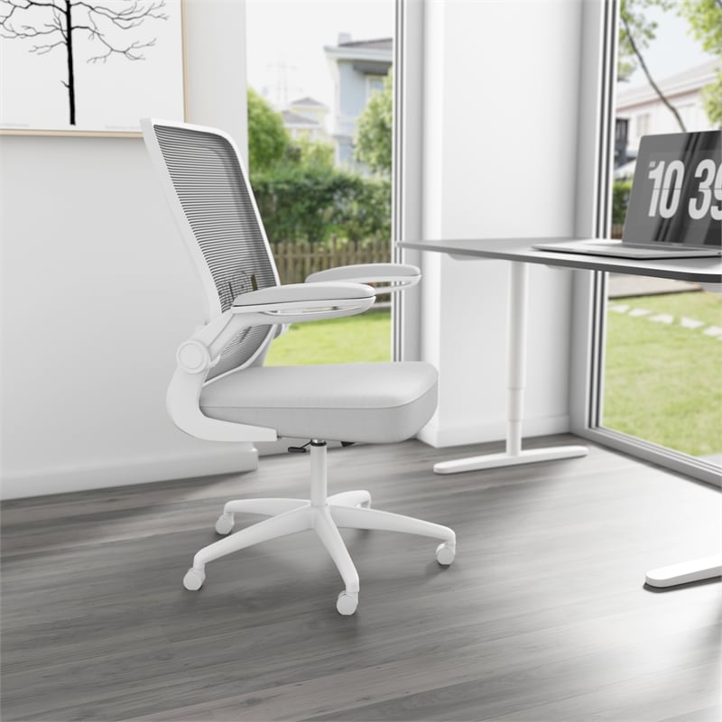 Pemberly Row Mesh Task Chair with Flip Up Arms in Gray/White